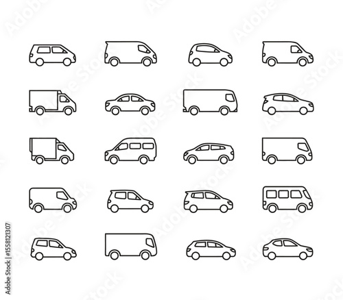 Transport set of linear vector icons. Truck, car vehicle, bus symbol. Cargo delivery, taxi, passenger transportation