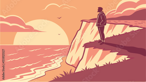 A man stands on a cliff overlooking the ocean at sunset with clouds and birds in the sky looking out to sea