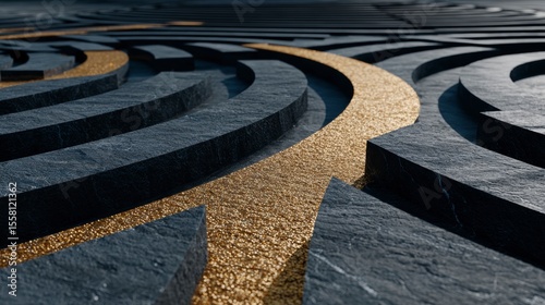 Abstract 3D Render  Golden Path on Dark Stone Platforms