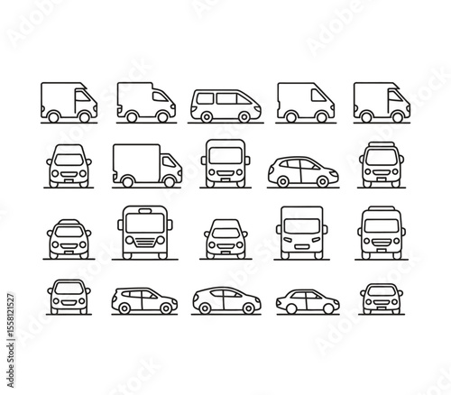 Transport set of linear vector icons. Truck, car vehicle, bus symbol. Cargo delivery, taxi, passenger transportation
