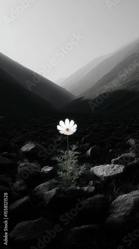 Solitary White Flower Sunrise Dramatic Mountain Landscape