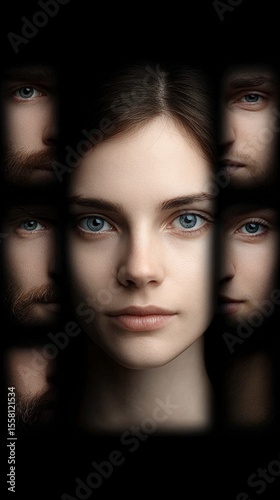 Mysterious Woman Framed by Men  Dramatic Portrait  High Contrast  Cinematic Lighting