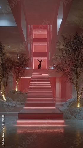 Minimalist Pink Staircase with Deer  Modern Christmas Interior Design