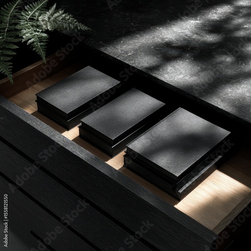 Dark Moody Books in Drawer  Stylish Mockup  Blank  Luxury