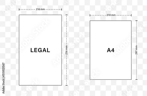 Legal Yellow Paper size. Notebook sheet formats. Comparison of legal and A4 papers isolated on white background. Vector illustration in flat style.