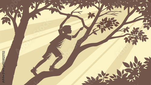 Silhouette of a boy climbing a tree with leaves and branches against a sunlit background in brown tones