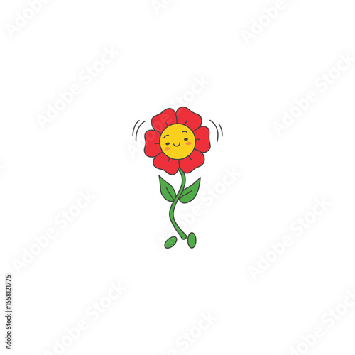 An icon of a red flower character with a happy face and wiggling body, suggesting excitement, dynamic motion, and a lively personality.