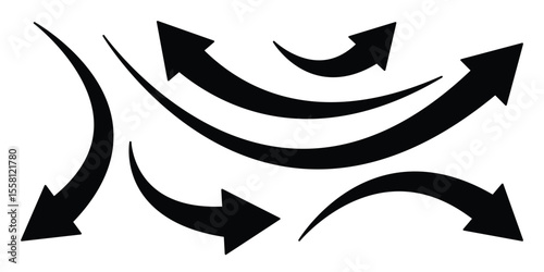Curved arrow icons. Bold arrow symbol curved flat design isolated. Long curved black arrow vector. Vector illustrator