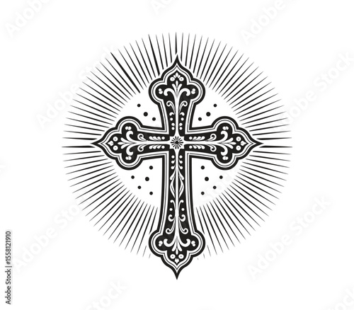 Ornate Christian Cross. Church, Faith in God, Christianity religion symbol. Illustration in vintage engraving style