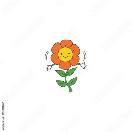 An icon of an orange flower character with a big smile and arms waving, expressing enthusiastic greeting or excitement.