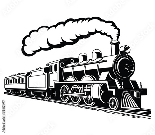 Moving retro steam locomotive. Vintage train emblem or symbol vector illustration