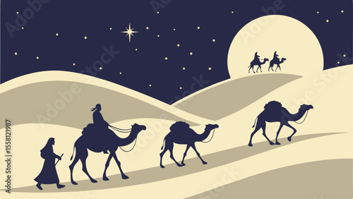 Illustration of a caravan of people and camels traveling through the desert under a starry night sky and moon