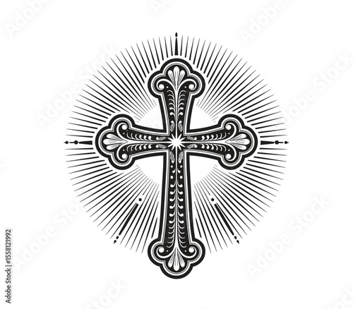 Ornate Christian Cross. Church, Faith in God, Christianity religion symbol. Illustration in vintage engraving style