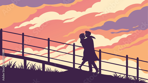 Silhouette of a couple embracing on a hillside with a fence and a colorful sunset in the background