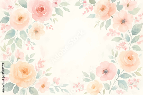 Vintage floral background with romantic pink roses, elegant frame, and decorative hearts for a wedding or Valentine's Day card design