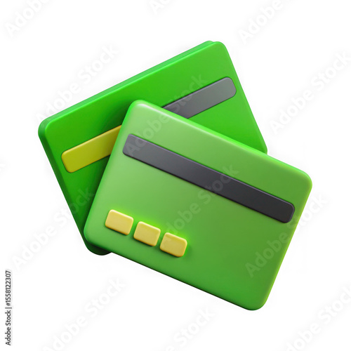 Two green 3d credit cards, isolated on transparent background