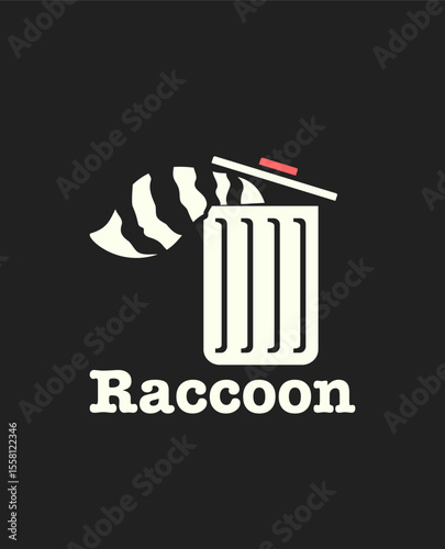 A raccoon enters a trash can with only its tail visible. Mascot Logo and Sticker Vector Set EPS