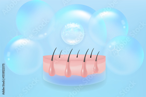 Hyaluronic acid and Niacinamide hair and skin solutions ad, blue collagen serum drops into skin cell with cosmetic advertising background ready to use, illustration vector.	