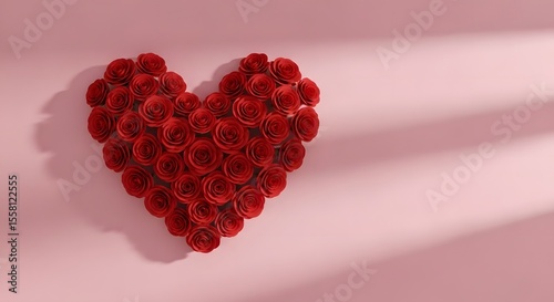 Romantic Red Rose Heart Shaped Arrangement on Pink Background Valentines Day