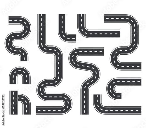 Bending asphalt roads and highways. Roadway, winding road with white markings icon set. Travel, transportation concept