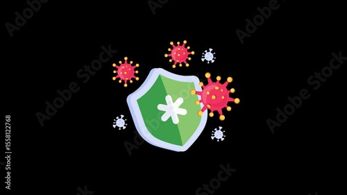 Animated Loop of Green Shield Blocking Virus Icons on Black Background – Immune System Protection Concept