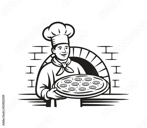 Italian chef cook holding hot pizza with traditional oven. Restaurant Italian food emblem or logo