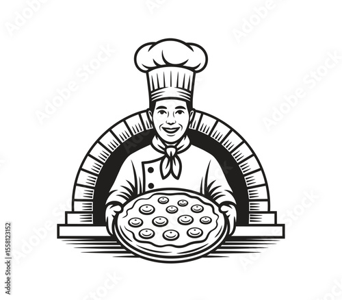 Italian chef cook holding hot pizza with traditional oven. Restaurant Italian food emblem or logo