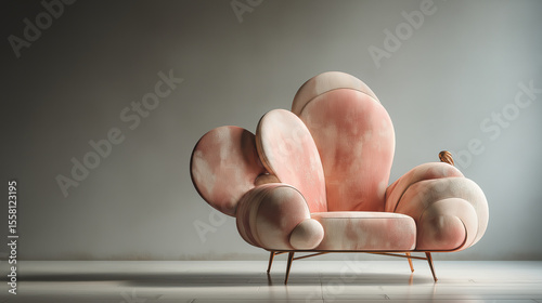 Minimalist pastel peach sculptural sofa with oversized rounded cushions resembling petals, set against a neutral gray wall on a light wooden floor, modern interior seating.