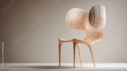Abstract sculptural wooden chair with organic curves and minimalist design in neutral space, highlighting smooth grain textures and artistic form.