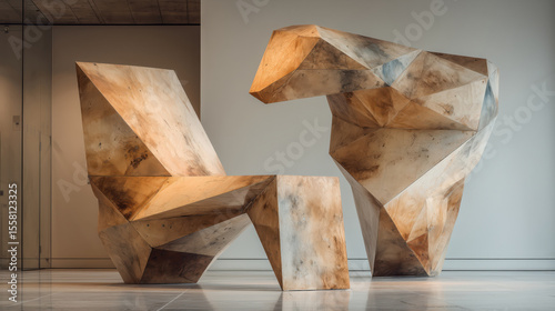 Abstract angular wooden bench sculpture in a minimalist gallery space, featuring sharp geometric facets and warm earthy wood tones.