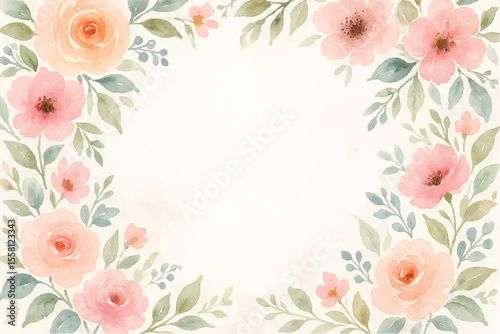 Vintage floral background with romantic pink roses, elegant frame, and decorative hearts for a wedding or Valentine's Day card design