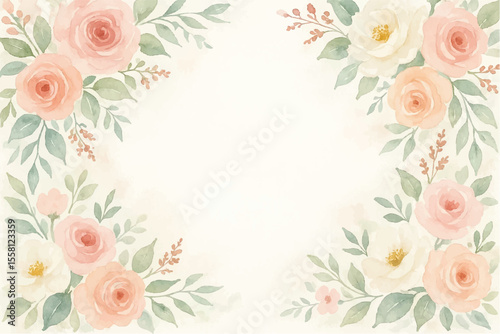 Vintage floral background with romantic pink roses, elegant frame, and decorative hearts for a wedding or Valentine's Day card design