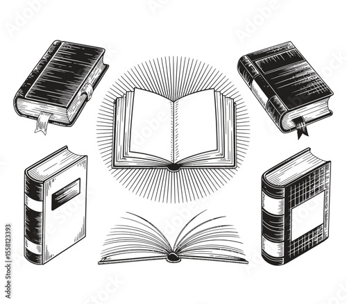 Books set sketch. Education, school concept. Vintage vector illustration