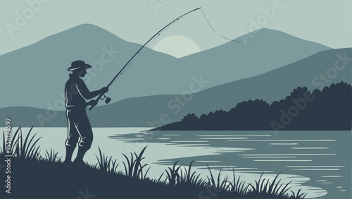 A fisherman casting his line in a serene landscape with mountains and water at dusk in a vector image
