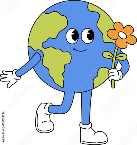 Happy Earth Mascot Holding Flower

