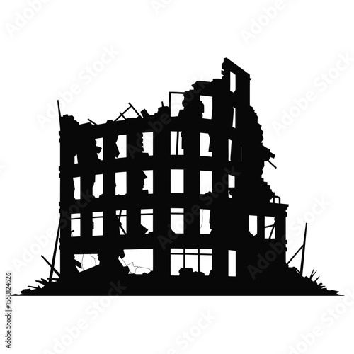 Silhouette of Destroyed Building After Disaster