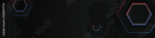 Black hexagon horizontal banner background with colorful shining light effect isolated