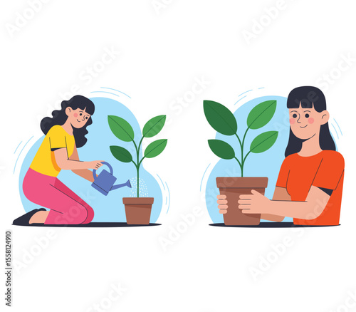 Young woman waters a young sprouting tree. Farmer or gardener holds seedling in pot. Caring for nature and ecology