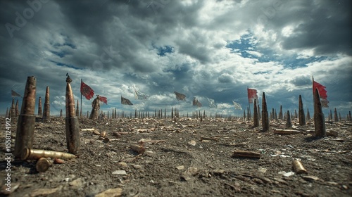 Military shells impale flags on desolate battlefield under dramatic stormy sky - landscape.