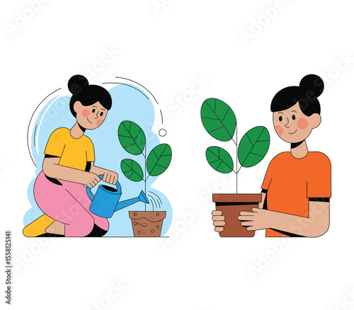 Young woman waters a young sprouting tree. Farmer or gardener holds seedling in pot. Caring for nature and ecology