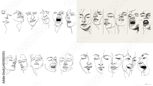 Expressive abstract one-line illustrations of diverse human facial expressions capturing emotion and movement in a minimalist continuous line art style.

