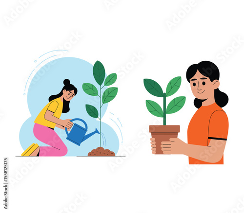 Young woman waters a young sprouting tree. Farmer or gardener holds seedling in pot. Caring for nature and ecology