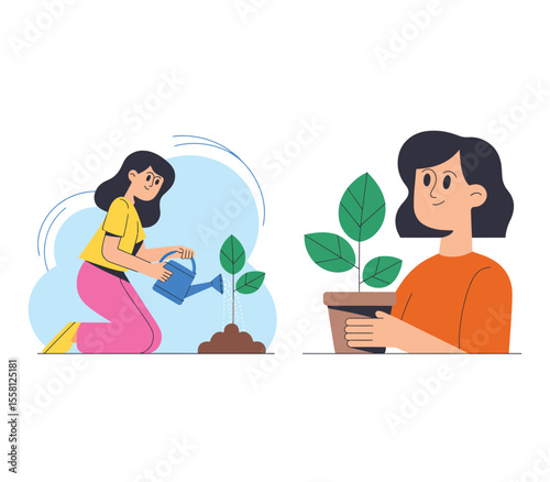 Young woman waters a young sprouting tree. Farmer or gardener holds seedling in pot. Caring for nature and ecology