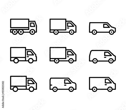 Transport set of linear vector icons. Truck, car vehicle, bus symbol. Cargo delivery, taxi, passenger transportation