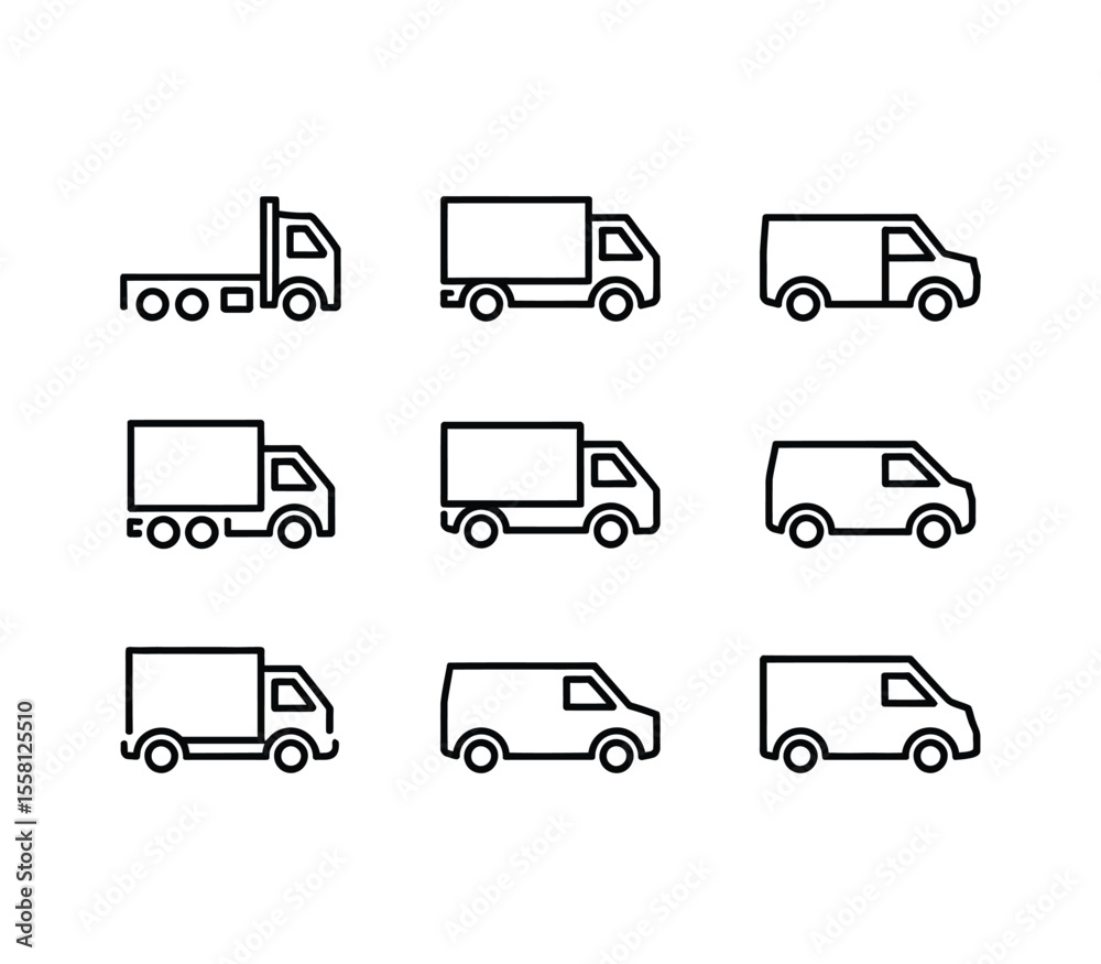 Transport set of linear vector icons. Truck, car vehicle, bus symbol. Cargo delivery, taxi, passenger transportation Transport set of linear vector icons. Truck, car vehicle, bus symbol. Cargo delivery, taxi, passenger transportation