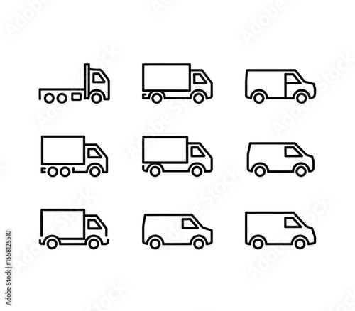 Transport set of linear vector icons. Truck, car vehicle, bus symbol. Cargo delivery, taxi, passenger transportation
