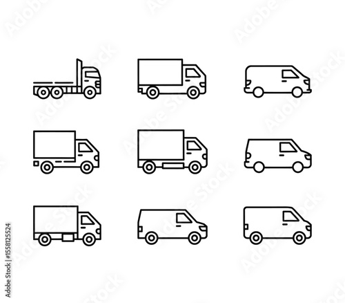 Transport set of linear vector icons. Truck, car vehicle, bus symbol. Cargo delivery, taxi, passenger transportation