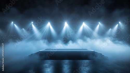 Elegant stage platform emerging from misty sports field, converging spotlights creating a central focal point, ambient stadium lights in background, dynamic motion trails, luxury award ceremony