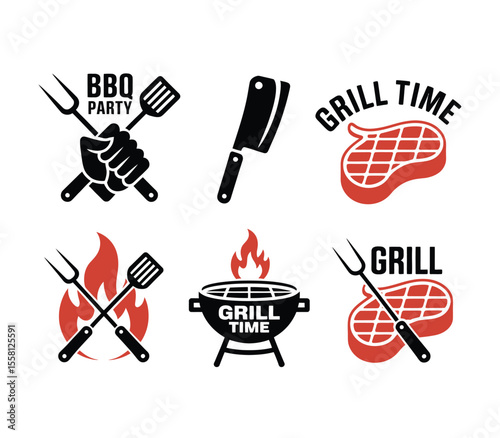 Barbecue grill labels, badges and design elements for restaurant menu. Bbq food emblem set vector illustration