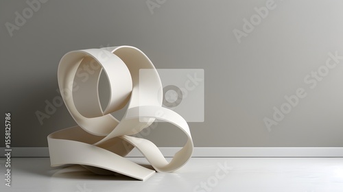 Abstract Sculptural Design of White Curved Strips Against Minimalist Gray Wall Background